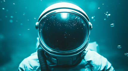 An astronaut in a diving suit, exploring the depths of an ocean. Bubbles surround them, creating a mesmerizing underwater scene.