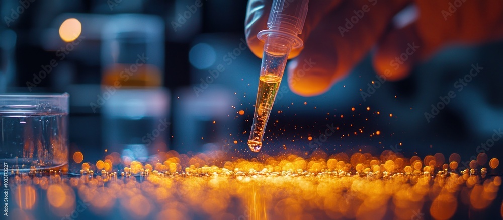 Aufkleber a hand using a pipette to drop liquid onto a surface in a laboratory setting.