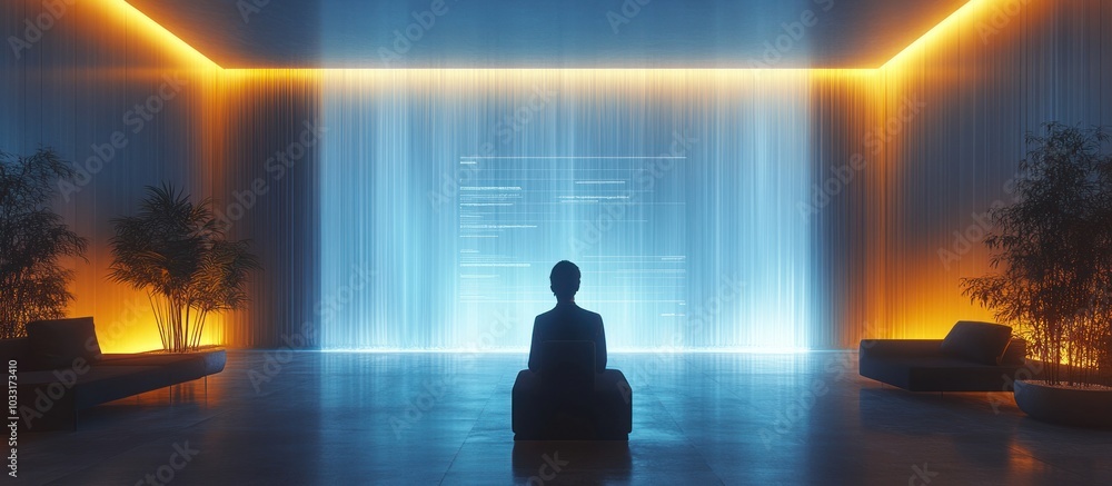 Poster a serene space with a figure meditating in front of a glowing digital display.