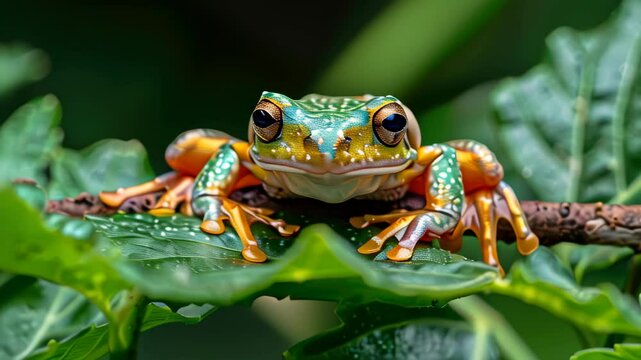 Colorful tree frog resting on a green leaf branch in a tropical rainforest, showcasing vibrant patterns and textures