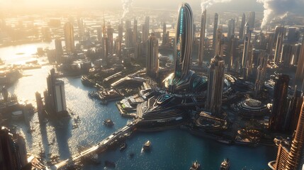 Naklejka premium Futuristic Cityscape with Tall Buildings and Waterways at Sunset