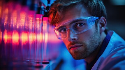 A focused scientist in a lab, surrounded by glowing test tubes.