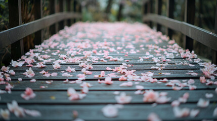 Obraz premium A whimsical shot of cherry blossoms scattered on a wooden path, inviting exploration