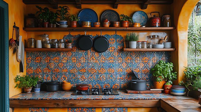 A rustic kitchen with colorful tile backsplash, wooden shelves, and hanging pots.