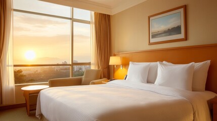 Hotel Room with Sunrise View and Comfortable Bed