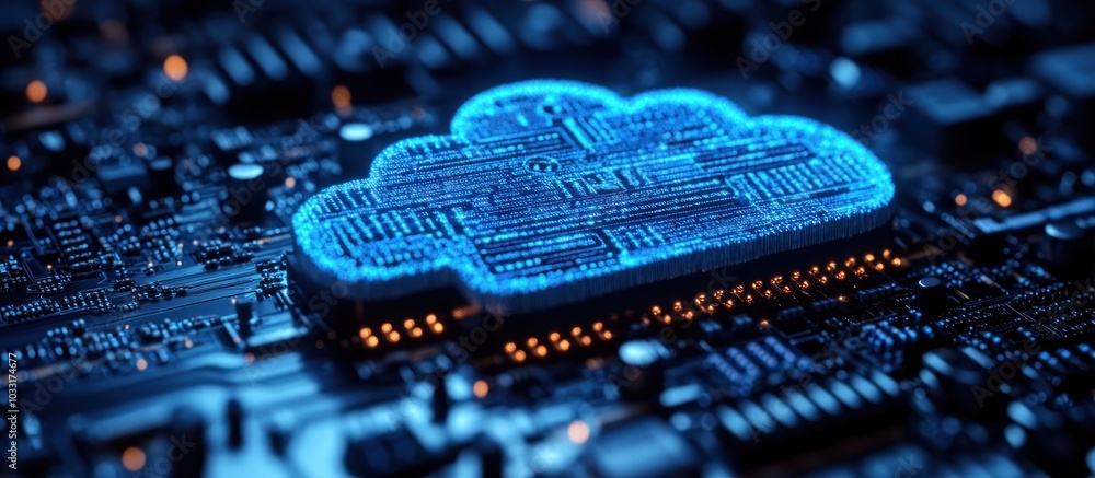 Poster a digital cloud symbol over a circuit board, representing cloud computing technology.