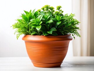 Fototapeta premium Terracotta Flowerpot with Houseplant for Spring Interior Decor