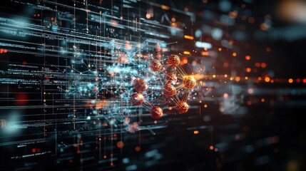 Digital Futuristic Drug Design Concept with Neon-Colored Molecular Structures and Chemical Equations in Black Space