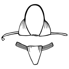 Fashionable bikini set. Two-piece woman swimsuit, top with beaded string, Brazilian bottom. Doodle hand-drawn sketch style