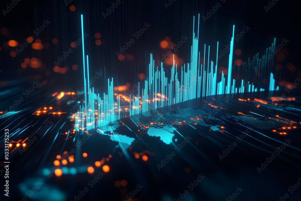 Poster a stock market chart with dynamic lines and glowing data points, set against an abstract background 