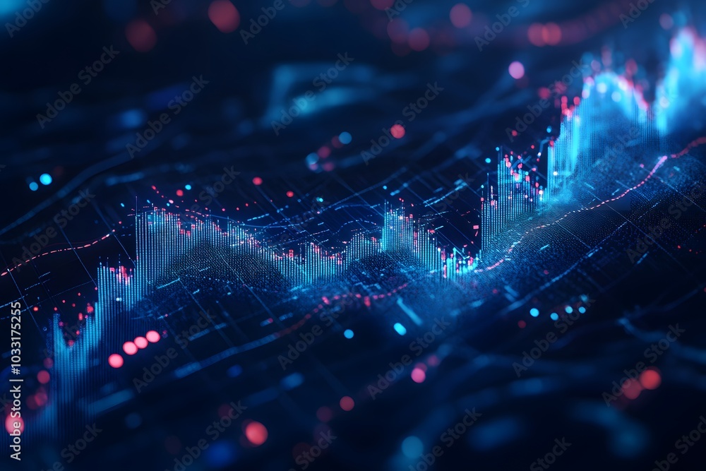 Poster a stock market chart with dynamic lines and glowing data points, set against an abstract background 