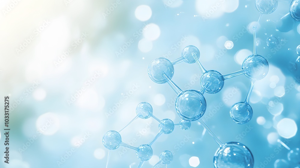 Poster abstract representation of molecular structure with blue spheres and lines on a blurred background