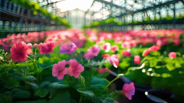 Exploring a vibrant greenhouse filled with blooming pink flowers during a sunny afternoon