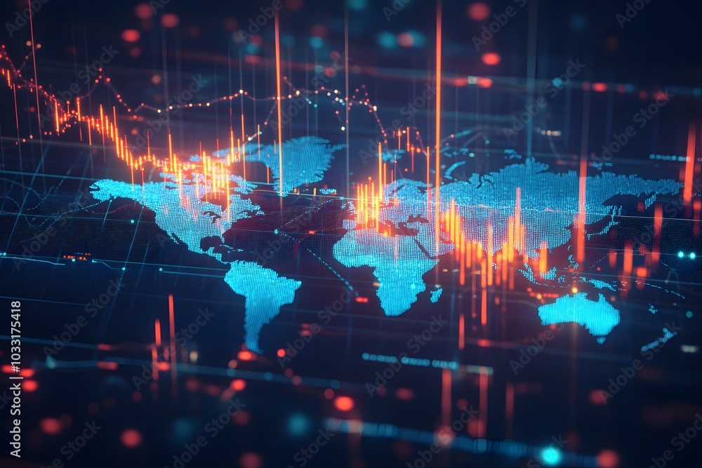 Poster A stock market chart with dynamic lines and glowing data points, set against an abstract background of global maps or world maps,