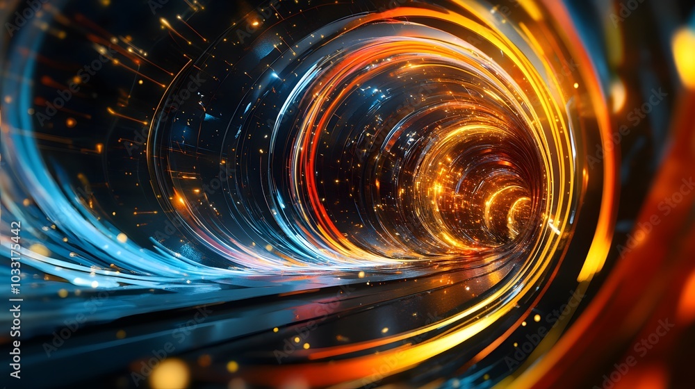 Poster Abstract Circular Tunnel with Glowing Lines and Sparkles