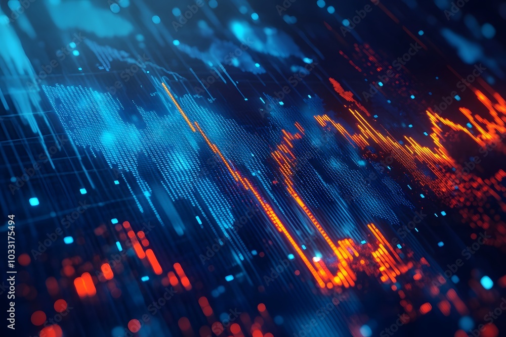 Poster a stock market chart with dynamic lines and glowing data points, set against an abstract background 