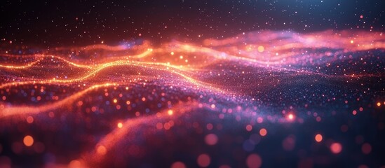 Obraz premium Abstract digital landscape with glowing particles and waves in vibrant colors.