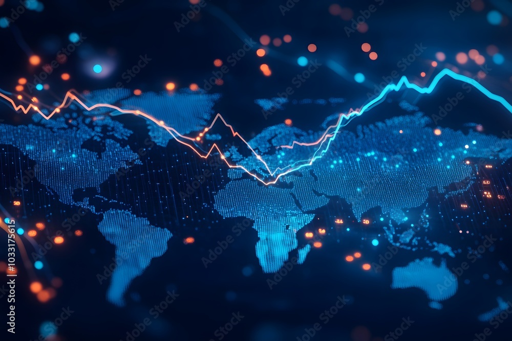 Poster a stock market chart with dynamic lines and glowing data points, set against an abstract background 