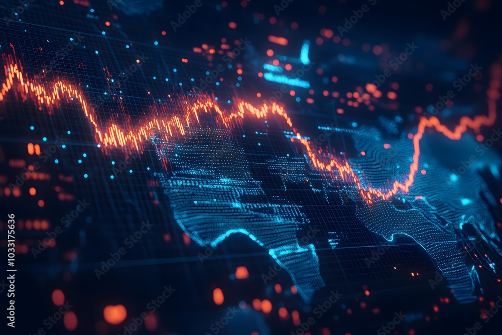 Poster a stock market chart with dynamic lines and glowing data points, set against an abstract background 