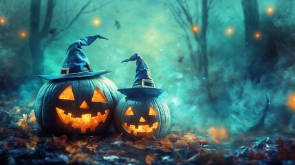 Fototapeta premium Halloween jack-o-lanterns with witch hats in spooky forest