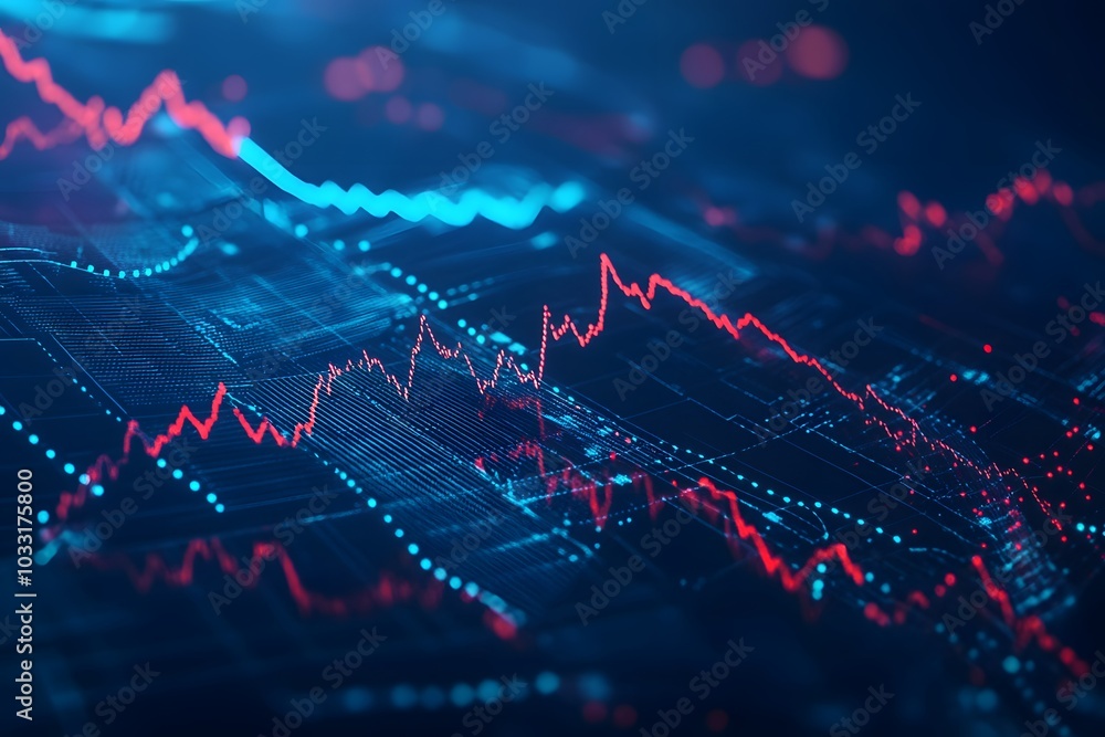 Poster a stock market chart with dynamic lines and glowing data points, set against an abstract background 