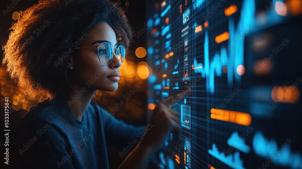 Poster a woman interacts with a digital display of data and graphs, showcasing technology use.