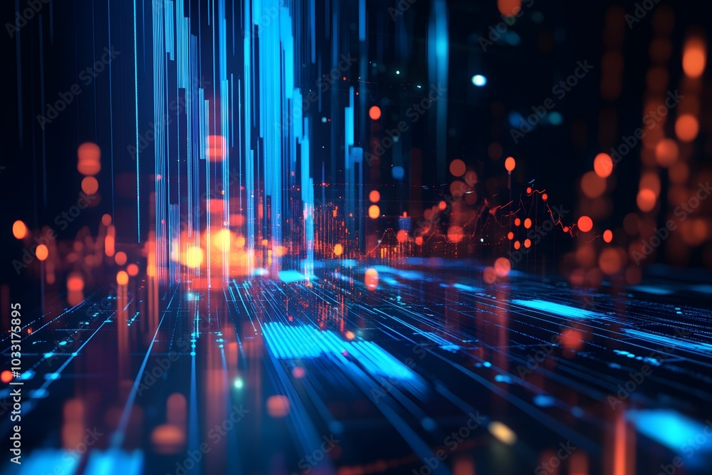 Poster a stock market chart with dynamic lines and glowing data points, set against an abstract background 