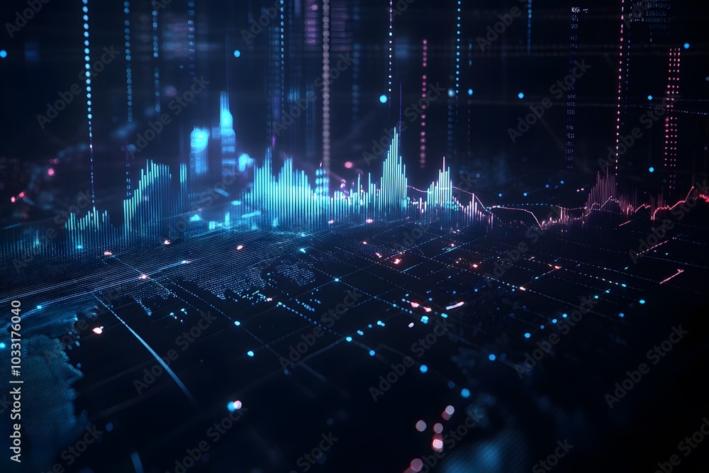 Poster a stock market chart with dynamic lines and glowing data points, set against an abstract background 