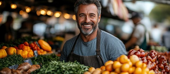 A smiling vendor at a market surrounded by fresh produce.