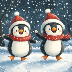 vector illustration Penguins wearing Christmas hats skating on ice 