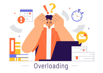 Overloading Vector Illustration of a Busy Employee Multitasking to Complete Numerous Documents and Digital Tasks in a Flat Style Cartoon Background