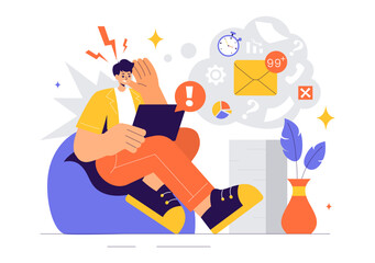 Overloading Vector Illustration of a Busy Employee Multitasking to Complete Numerous Documents and Digital Tasks in a Flat Style Cartoon Background