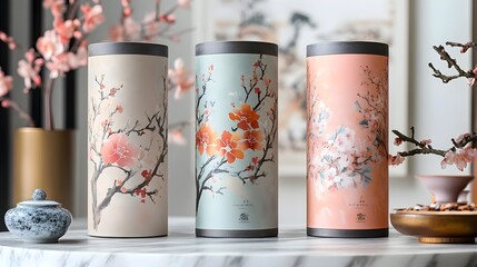 Fototapeta premium Premium cylindrical tea packaging, adorned with floral art and metallic highlights, displayed on a marble counter in a refined tea setting, isolated on white background