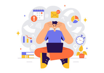 Overloading Vector Illustration of a Busy Employee Multitasking to Complete Numerous Documents and Digital Tasks in a Flat Style Cartoon Background