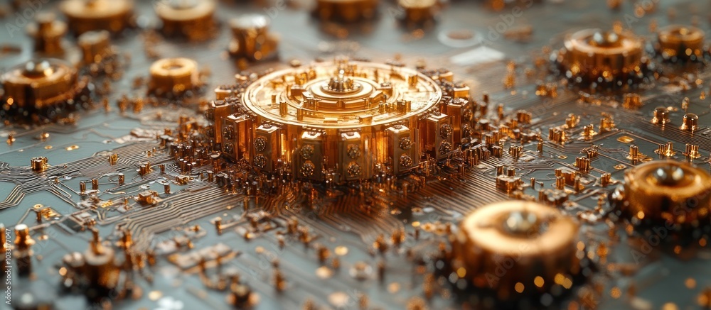 Poster a close-up of a futuristic circuit board with intricate metallic components.