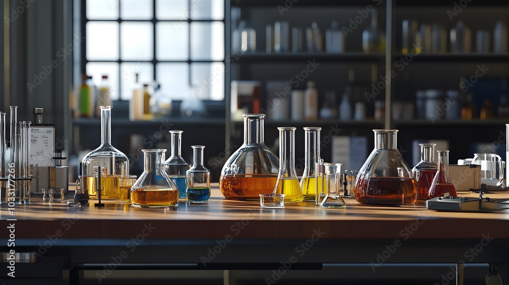 Aufkleber laboratory table with beaker and flasks filled with colored liquids