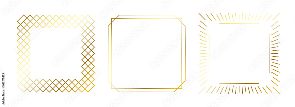 Poster Golden thin frames set. Gold square borders in art deco style. Thin linear radiance rectangular element collection. Yellow glowing shiny boarder pack. Vector bundle for photo, cadre, poster, card