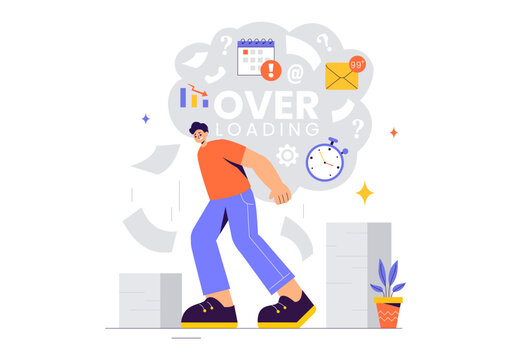 Overloading Vector Illustration of a Busy Employee Multitasking to Complete Numerous Documents and Digital Tasks in a Flat Style Cartoon Background