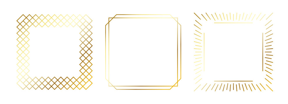 Golden thin frames set. Gold square borders in art deco style. Thin linear radiance rectangular element collection. Yellow glowing shiny boarder pack. Vector bundle for photo, cadre, poster, card