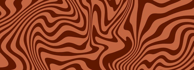 Retro milk coffee color background. Dark chocolate liquid dessert texture. Wavy swirl candy pattern for poster, cover, banner. Retro brown trippy hippie wallpaper in 60s, 70s or 70s style. Vector