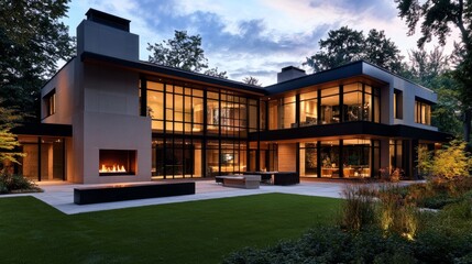 A beautifully designed modern home with oversized windows and a bold geometric facade, showcasing a minimalist garden with a sleek outdoor fireplace.