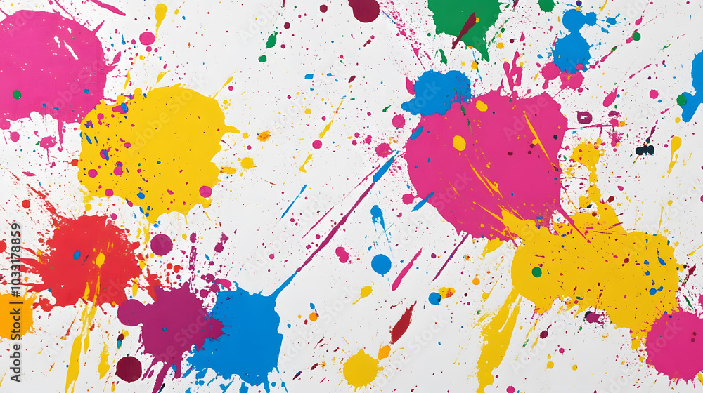 Poster vibrant paint splatter on a smooth surface, bold flat colors creating an energetic abstract composit