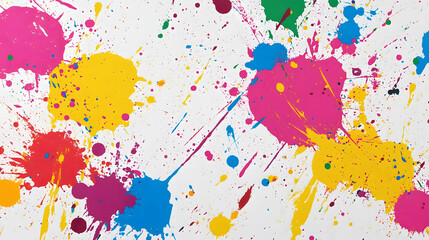 Vibrant paint splatter on a smooth surface, bold flat colors creating an energetic abstract composition, artistic expression bursting with creativity