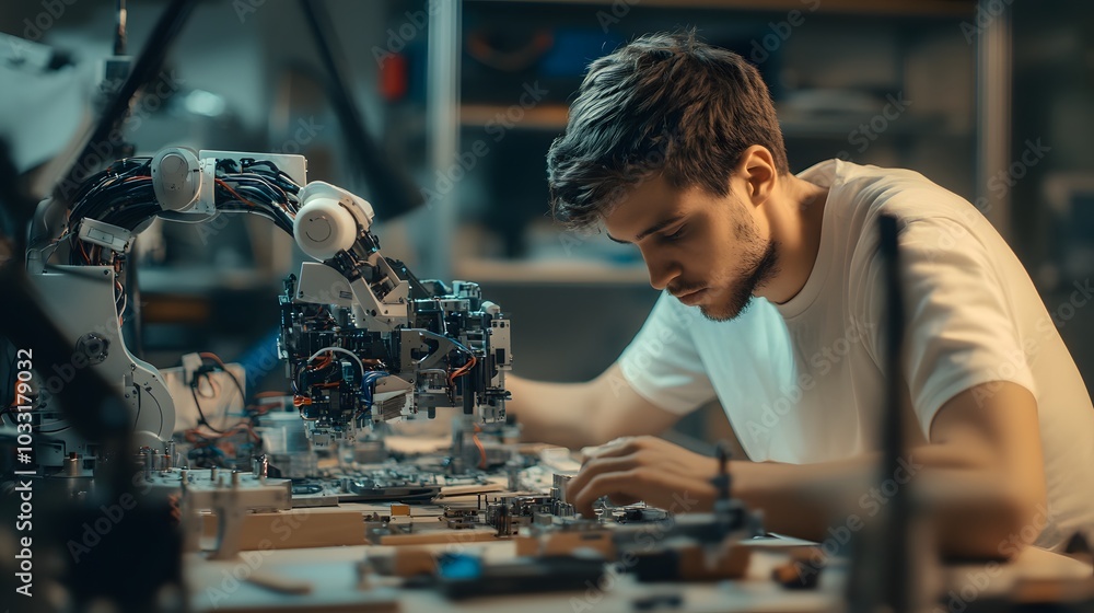 Poster a man working on a robotic arm in a workshop.