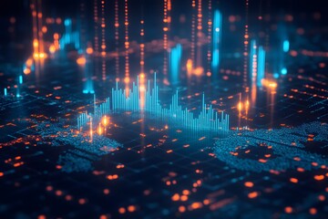 Naklejka premium A stock market chart with upward-trending lines, glowing blue and orange against a dark background. The world map is in the foreground,
