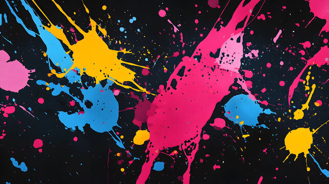 Vibrant abstract art, dynamic paint splatter, bold flat colors, energetic composition, modern aesthetic, captivating visual experience