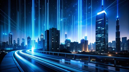 Fototapeta premium Vertical Glowing Blue Tech Line in Night Photography for Futuristic Aesthetics