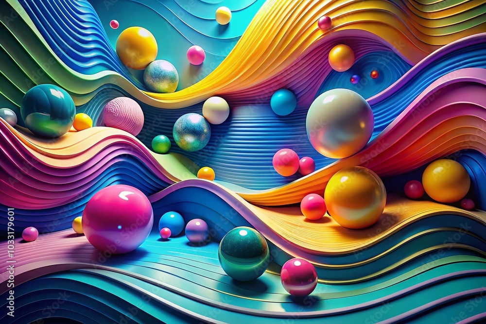 Poster vibrant abstract architectural background with colorful waves and 3d spheres for modern design proje
