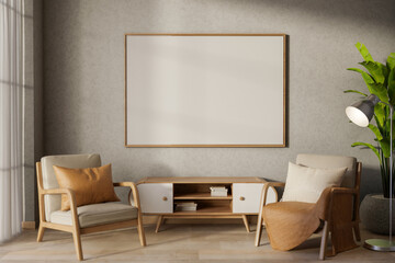 A contemporary living room features armchairs and a cabinet, with a large picture frame on the wall.