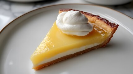 A slice of lemon tart, with a perfectly browned crust and a dollop of whipped cream on top.



